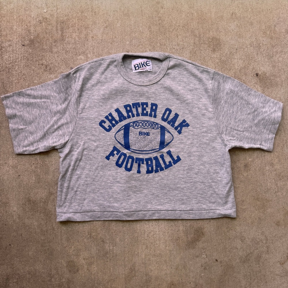 Vintage 80s BIKE Charter Oak Football Cropped Graphic T-Shirt Gray Blue USA L